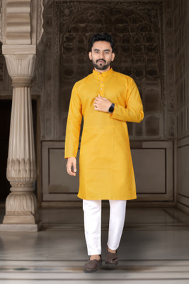 DHASU TRENDZ Men Solid Straight Kurta(Yellow)