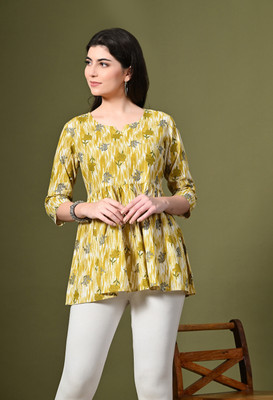 METAFAB Women Printed A-line Kurta(Yellow)