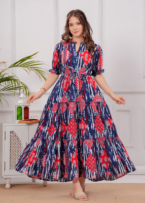 Kuruti B Sheets Women Printed A-line Kurta(Dark Blue)