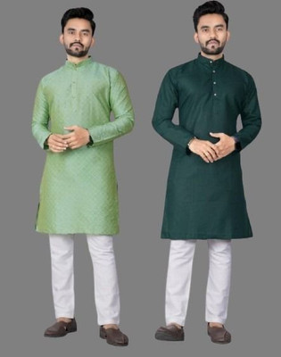 DHASU TRENDZ Men Solid Straight Kurta(Green, Light Green)
