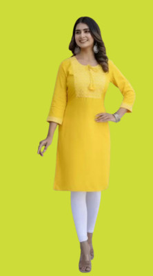 Rajvirhan Women Embroidered Straight Kurta(Yellow)