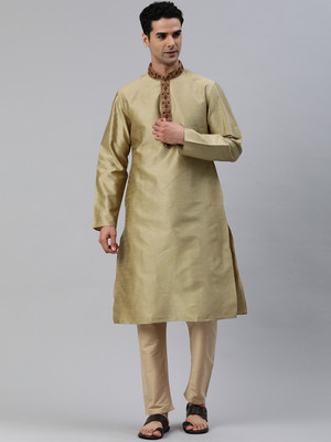 Manthan Men Self Design Straight Kurta(Green, Brown)