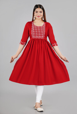 GULJAR FASHION Women Embroidered A-line Kurta(Red)
