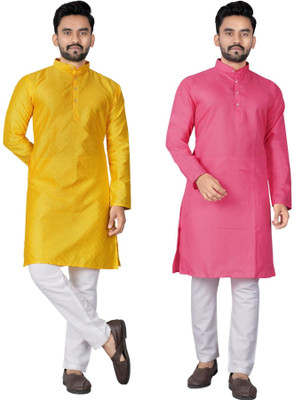 DHASU TRENDZ Men Solid Straight Kurta(Yellow, Pink)
