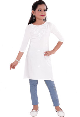OSG Girls Embroidered A-line Kurta(White)