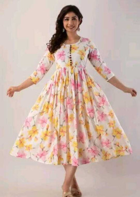 MD Aliya Women Printed A-line Kurta(Yellow)