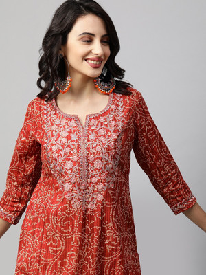 PHYSIL Women Embroidered, Printed Straight Kurta(Orange)