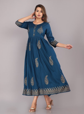 HouseOfCommon Women Printed Anarkali Kurta(Dark Blue, Beige)