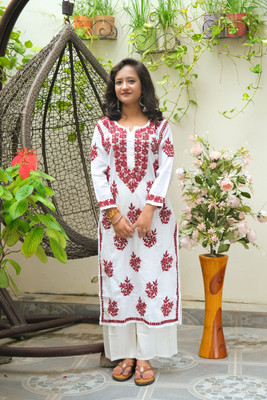 Elegance Hub Women Chikan Embroidery A-line Kurta(White)