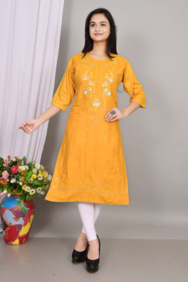 TIMESSTYLE Women Embroidered A-line Kurta(Yellow)