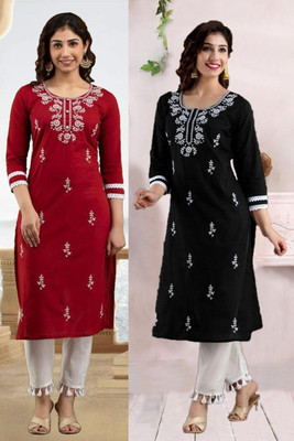 vikshi Women Chikan Embroidery Straight Kurta(Black)