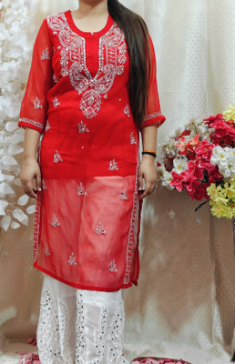 ChikankariArts Women Chikan Embroidery A-line Kurta(White)