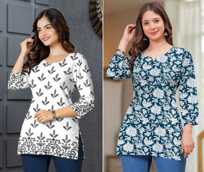 Sunbright Women Printed, Floral Print Straight Kurta(White, Blue)