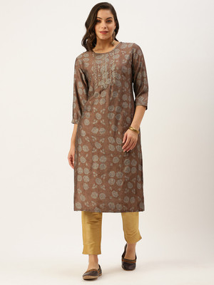 SHOWOFFFF Women Embellished Straight Kurta(Brown)
