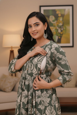 The Pehnawaa Store Women Floral Print Gown Kurta(Dark Green)
