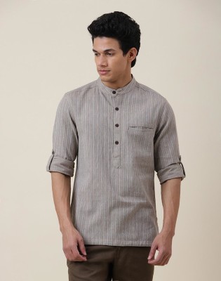 Fabindia Men Striped Straight Kurta(Grey)