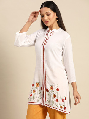 indyes Women Embellished Straight Kurta(White)