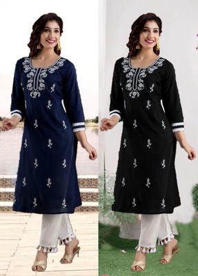 vikshi Women Chikan Embroidery Straight Kurta(Blue, Black)