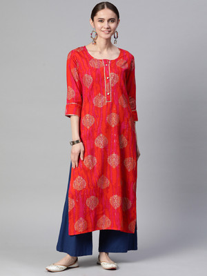 mokshi Women Printed Straight Kurta(Red, Gold)
