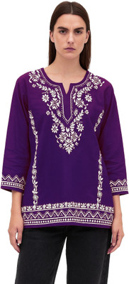 Era Chikan Women Embroidered Ethnic Dress Kurta(Purple)