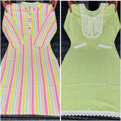 ATTIREGURU Women Embroidered, Solid, Striped Straight Kurta(Multicolor)