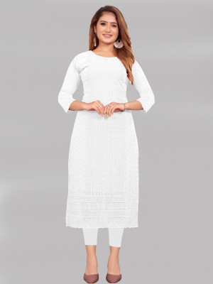 KAYRAAH Women Chikan Embroidery Straight Kurta(White)