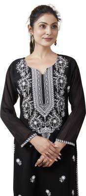 Vamika nx Women Chikan Embroidery A-line Kurta(Black)