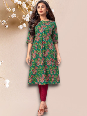ABHI FAB Women Printed Straight Kurta(Green)