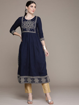 ANOUK Women Embroidered A-line Kurta(Dark Blue)