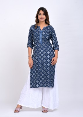 Mamvastra Women Block Print Straight Kurta(Dark Blue, White)