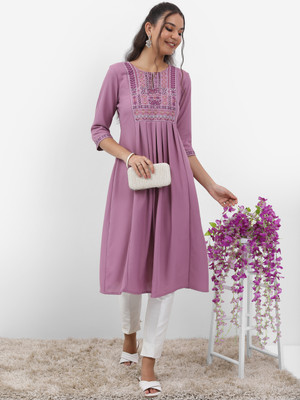 Vishudh Women Embroidered A-line Kurta(Purple)