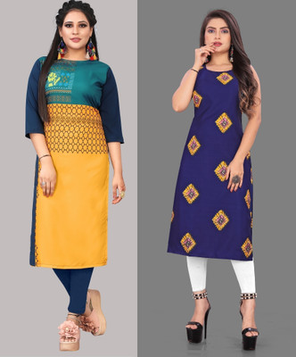 tanvi creation Women Printed A-line Kurta(Yellow, Blue)