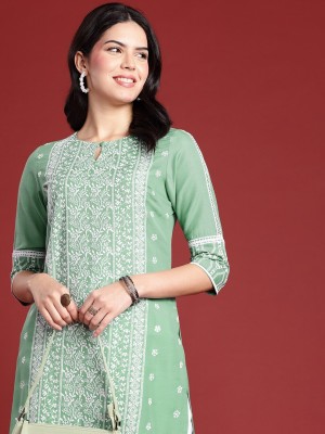 ANOUK Women Embroidered Straight Kurta(Green)