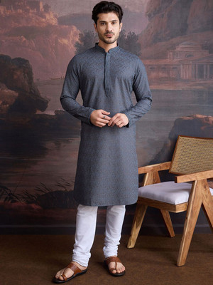 House of Pataudi Men Geometric Print Straight Kurta(Grey)