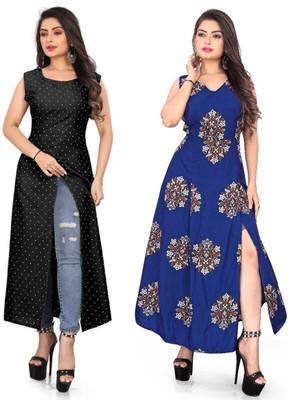 tanvi creation Women Printed Frontslit Kurta(Blue)