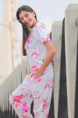 DADX Women Printed, Ombre/Dyed Pink, White Night Suit Set