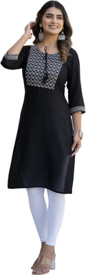 MF HAYAT Women Embroidered Straight Kurta(Black)