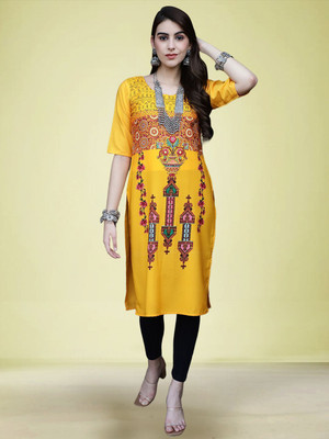 Moda Rapido Women Printed Straight Kurta(Yellow)