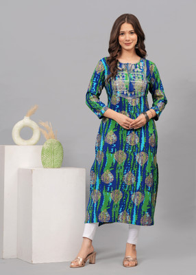 Deepyog Women Printed Straight Kurta(Blue, Light Blue)