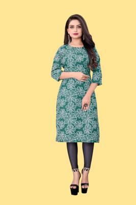 Tulsii Fab Women Animal Print Straight Kurta(Green)