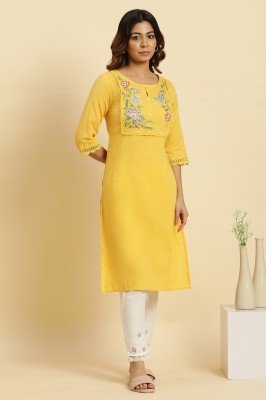 W Women Embroidered A-line Kurta(Yellow)