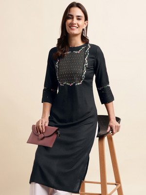 MIRCHI FASHION Women Embroidered Straight Kurta(Black)