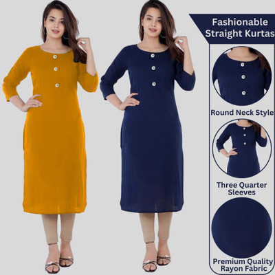 TL Cretion Women Solid Straight Kurta(Yellow, Dark Blue)