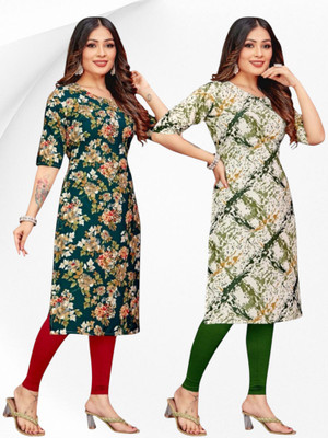 HouseOfCommon Women Printed Straight Kurta(Green, White)
