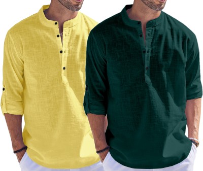 FOLGEN Men Solid Straight Kurta(Yellow, Dark Green)