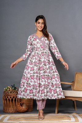 Sinyaar Women Printed Flared Kurta(White)