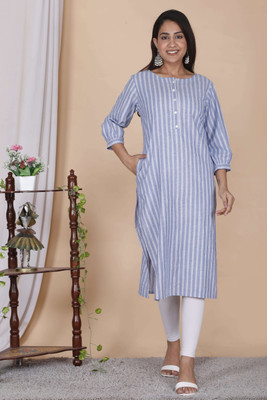 Mqueen Creation Women Striped A-line Kurta(Blue)