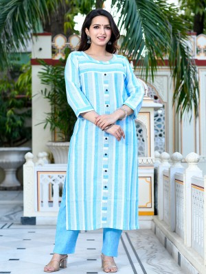 QuaClo Women Striped Straight Kurta(Light Blue)