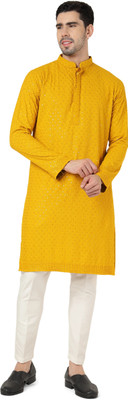 Kaashi Couture Men Embroidered Straight Kurta(Yellow)