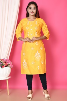 EthnicKurta Women Embroidered A-line Kurta(Yellow)